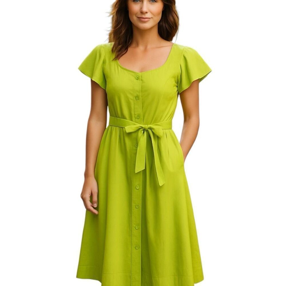 Ulla Johnson Rhea Tie Waist Puff Sleeve Midi Dress in Green NWT Size 16
